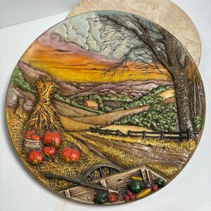 VINTAGE‎ 1972 BYRON MOLD 3-D FALL AUTUMN BARN FARM SCENE 13" PLATE HAND PAINTED